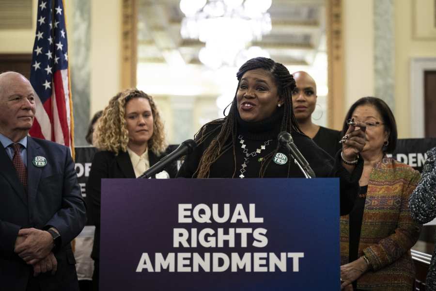 WASHINGTON, DC – JANUARY 31: Rep. Cori Bush (D-MO) speaks during a news conference to announce a joint resolution to affirm the ratification of the Equal Rights Amendment on Capitol Hill on January 31, 2023 in Washington, DC. The Equal Rights Amendment is a proposed amendment to the U.S. Constitution meant to guarantee equal rights for all citizens regardless of sex or gender. (Photo by Drew Angerer/Getty Images)