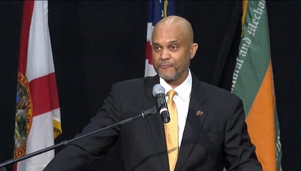 FAMU's COO Donald Palm gives a keynote speech during the university's MLK Convocation on Friday, January 12, 2024.