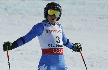 Alpine Skiing - FIS Alpine Skiing World Championships - Women's Giant Slalom - St. Moritz, Switzerland - 16/2/17 - Sofia Goggia of Italy reacts at the finish line. REUTERS/Ruben Sprich
