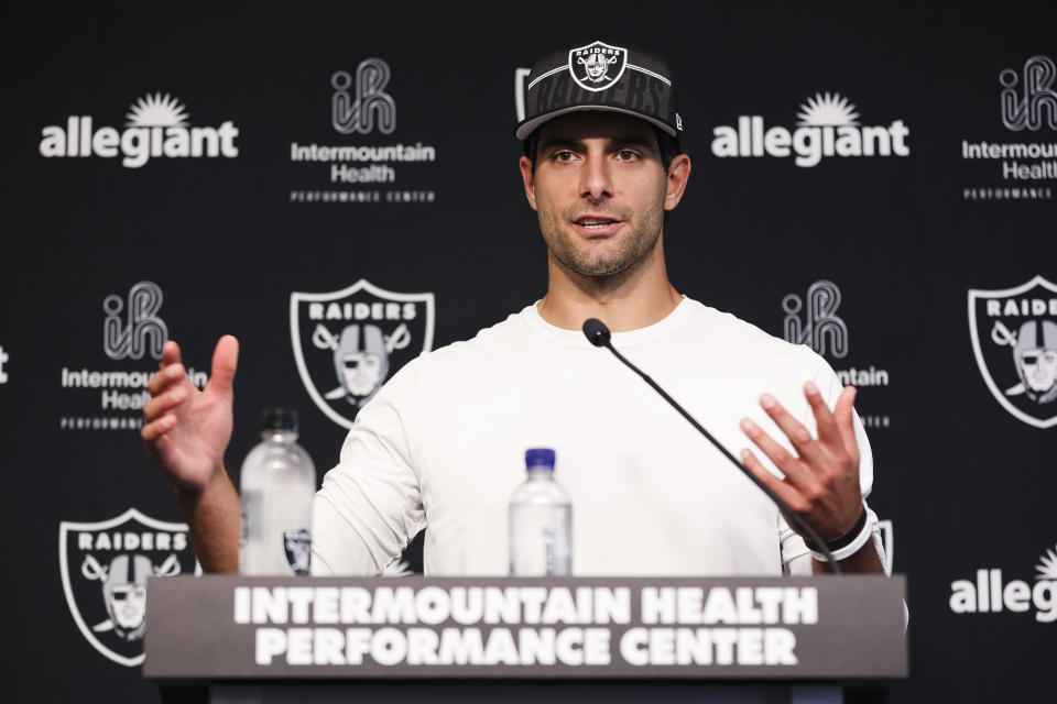 Las Vegas Raiders quarterback Jimmy Garoppolo speaks during an NFL football press conference in Henderson, Nev., Wednesday, July 26, 2023. (Wade Vandervort/Las Vegas Sun via AP)