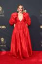 <p>Sarah Paulson opted for volume in a big way for the 2021 Emmy Awards, wearing a red gown by Carolina Herrera. The dress featured a low V neck, which was perfectly offset by some oversized sleeves and a dramatic skirt.</p>