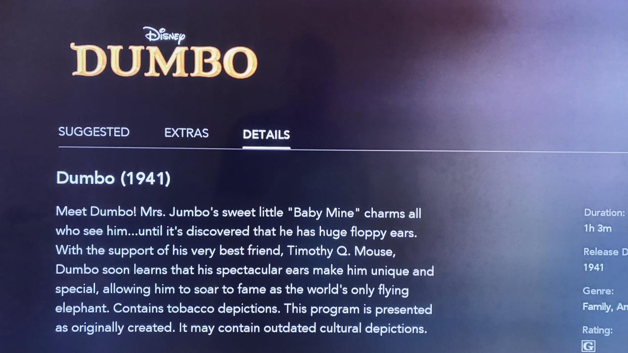 Some movies, including Dumbo, include warnings about "outdated cultural depictions" on Disney+. (Twitter)