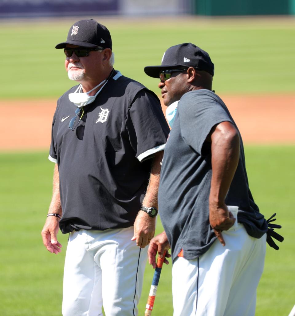 The Detroit Tigers held workouts at Comerica Park Friday, July 3, 2020. Manager Ron Gardenhire and Lloyd McClendon watch the action as the team prepares for the shortened 2020 season.