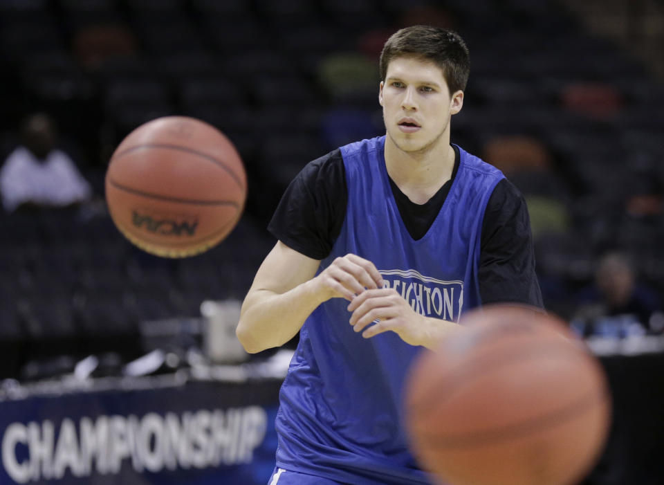 FILE - In this March 20, ,2014 file photo, Creighton's Doug McDermott takes part in practice at the NCAA college basketball tournament in San Antonio. McDermott was selected to The Associated Press All-America team, released Monday, March 31, 2014. (AP Photo/Eric Gay, File)