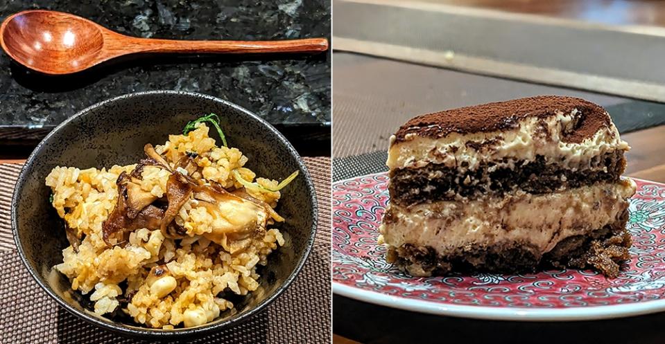 A bowl of the aforementioned donabe (left). A tiramisu that’s nothing less than excellent (right).