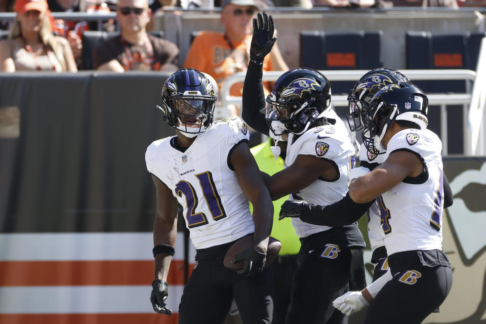 Cleveland Browns cornerback Denzel Ward (21) celebrates with teammates after intercepting a pass during the first half of an NFL football game against the Cleveland Browns, Sunday, Oct. 1, 2023, in Cleveland. (AP Photo/Ron Schwane)