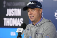 Justin Thomas speaks during a news conference at the PGA Championship golf tournament at the Valhalla Golf Club, Tuesday, May 14, 2024, in Louisville, Ky. (AP Photo/Sue Ogrocki)