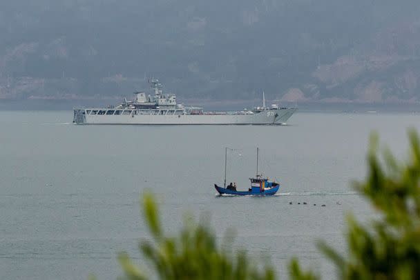 PHOTO: A Chinese warship takes part in a military drill off the Chinese coast near Fuzhou, Fujian Province, across from the Taiwan-controlled Matsu Islands, China, April 11, 2023. (Thomas Peter/Reuters)