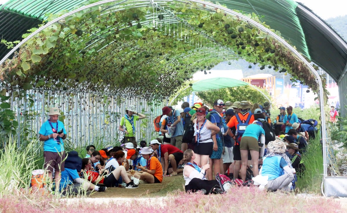 File. Attendees of the World Scout Jamboree beat the heat under a vine tunnel at a campsite in Buan, South Korea, Friday, 4 August 2023. - More than 100 people were treated for heat-related illnesses at the World Scout Jamboree being held in South Korea, which is having one of its hottest summers in years (Yonhap via AP)