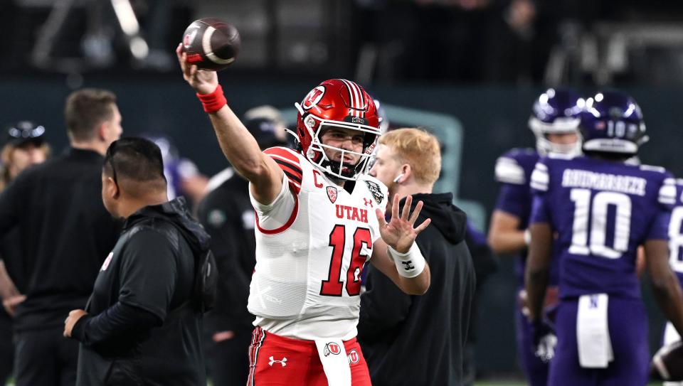 Utah Utes quarterback Bryson Barnes (16) warms up as Utah and Northwestern prepare to play in the SRS Distribution Las Vegas Bowl on Saturday, Dec. 23, 2023. | Scott G Winterton, Deseret News