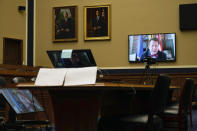 Food and Drug Administration Commissioner Robert Califf testifies via video during a House Commerce Oversight and Investigations subcommittee hybrid hearing on the nationwide baby formula shortage on Wednesday, May 25, 2022, in Washington. (AP Photo/Kevin Wolf)