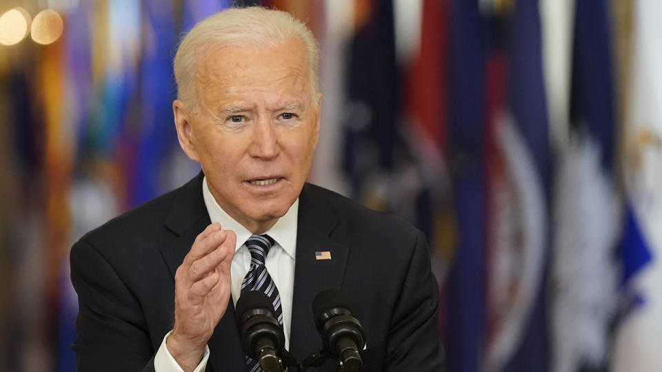 U.S. President Joe Biden speaks during an address to the nation in the East Room of the White House in Washington, D.C., U.S., on Thursday, March 11, 2021. Biden is addressing a pandemic-weary nation to mark the day a year ago when the spread of coronavirus forced Americans into isolation, swiftly collapsing the economy and portending more than a half-million deaths. Photographer: Chris Kleponis/CNP/Bloomberg via Getty Images