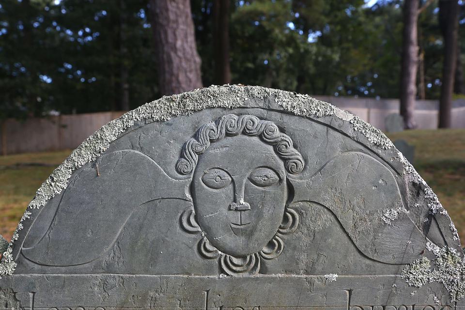 The winged death’s head was a popular motif on headstones in the late 17th and most of the 18th century and can be found throughout the Myles Standish Burial Ground in Duxbury, the oldest maintained cemetery in the U.S.