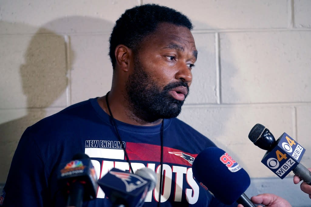 Jerod Mayo faces reporters on Monday, Aug. 29, 2022. The New England Patriots have agreed to hire Mayo to succeed Bill Belichick as their next head coach, according to a person familiar with the situation. (AP Photo/Steven Senne, File)