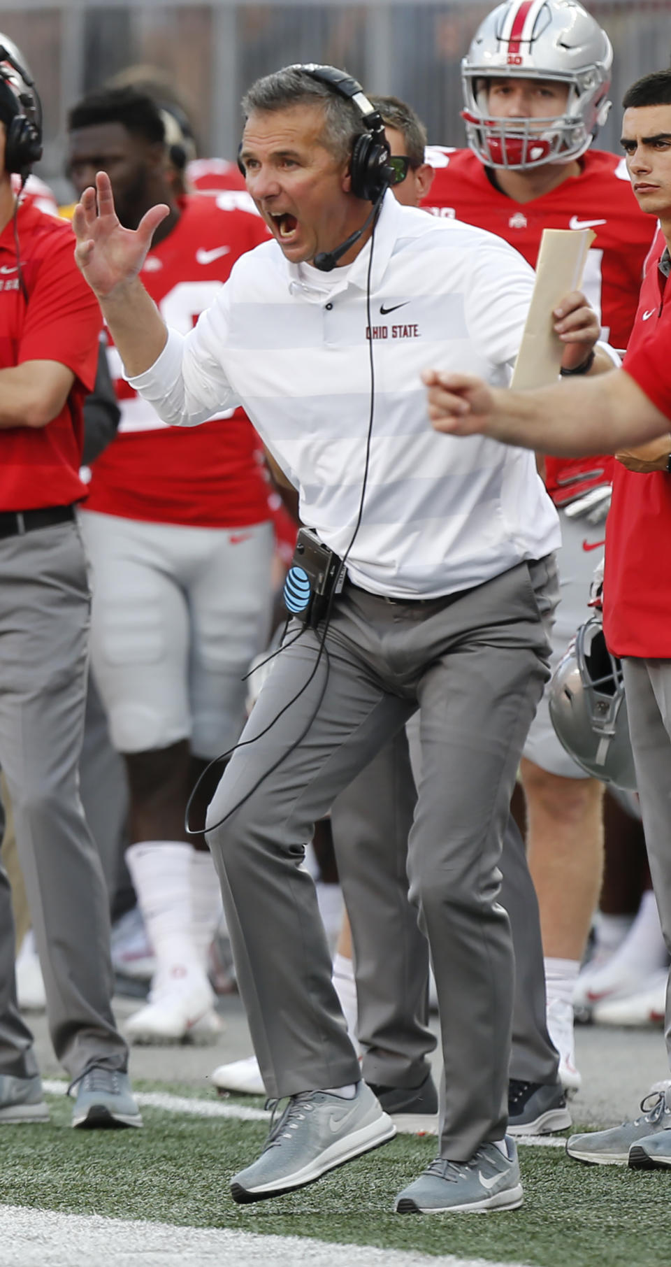 Ohio State head coach Urban Meyer shouts at his team during the first half of an NCAA college football game against Indiana, Saturday, Oct. 6, 2018, in Columbus, Ohio. (AP Photo/Jay LaPrete)