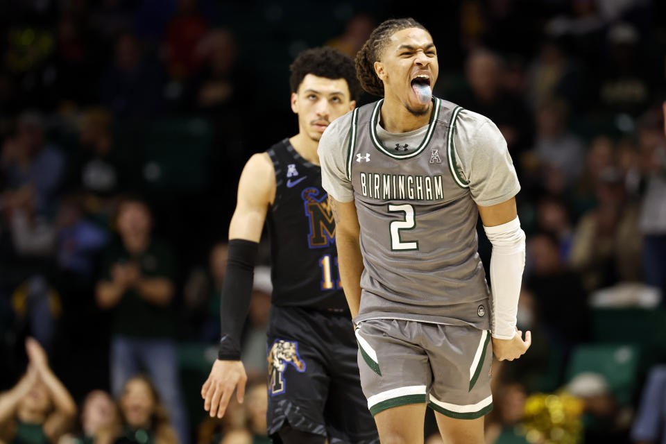 UAB guard Daniel Ortiz (2) reacts after hitting a 3-point basket against Memphis during the second half of an NCAA college basketball game, Sunday, Jan. 28, 2024, in Birmingham, Ala. (AP Photo/ Butch Dill)