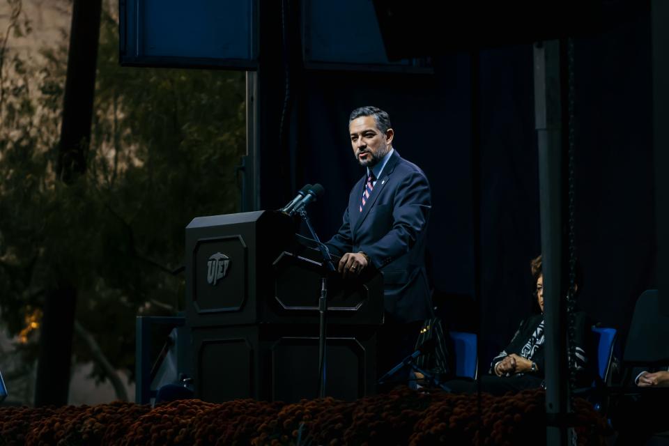 State Sen. César Blanco speaks at the celebration of life for President Emerita Diana Natalicio on Sunday, Oct. 24, 2021, at Centennial Plaza on the UTEP campus.