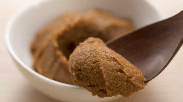 Spoonful of miso paste close-up