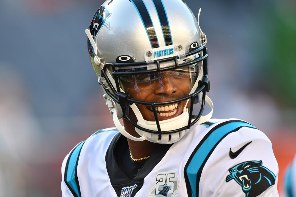 Aug 8, 2019; Chicago, IL, USA; Carolina Panthers quarterback Cam Newton (1) smiles during warmups before the game against the Chicago Bears at Soldier Field. Mandatory Credit: Matt Cashore-USA TODAY Sports