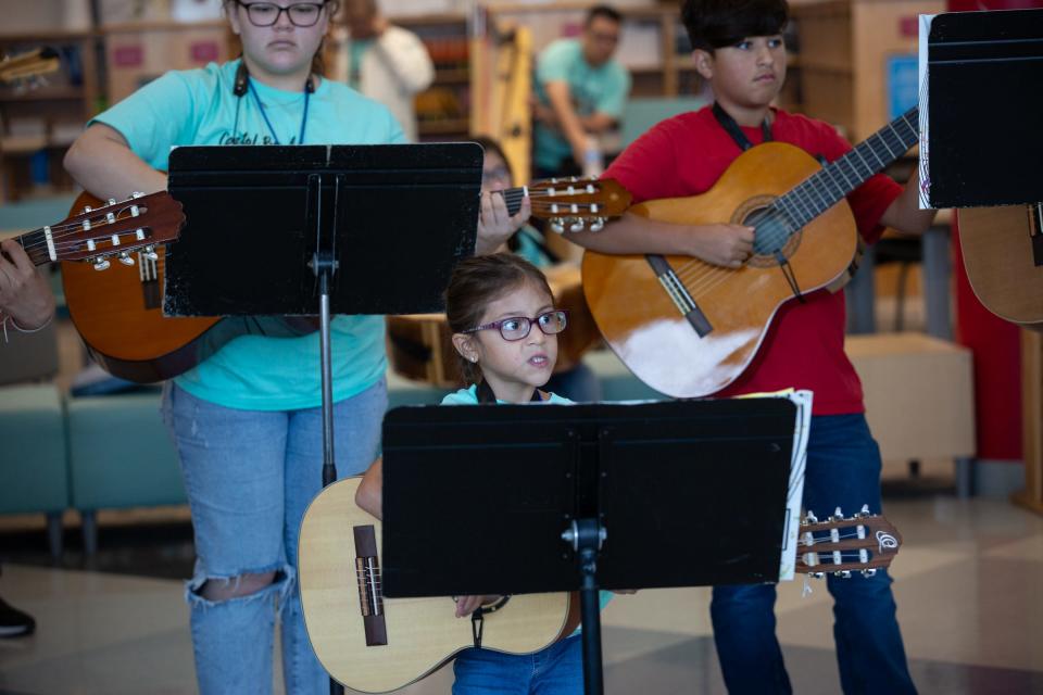 The beginner group rehearses during mariachi camp at Robstown High School, on Thursday, June 29, 2023, in Texas.