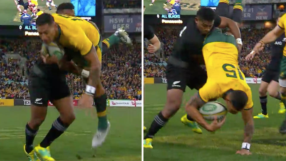 Israel Folau was put in a very dangerous position. Image: Channel 10