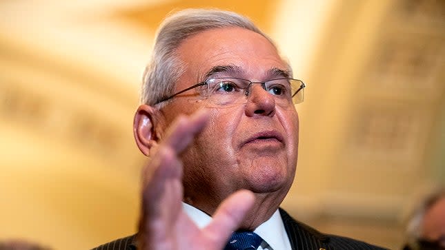 Sen. R Menendez (D-N.J.) addresses reporters after the weekly policy luncheon on Tuesday, November 16, 2021.
