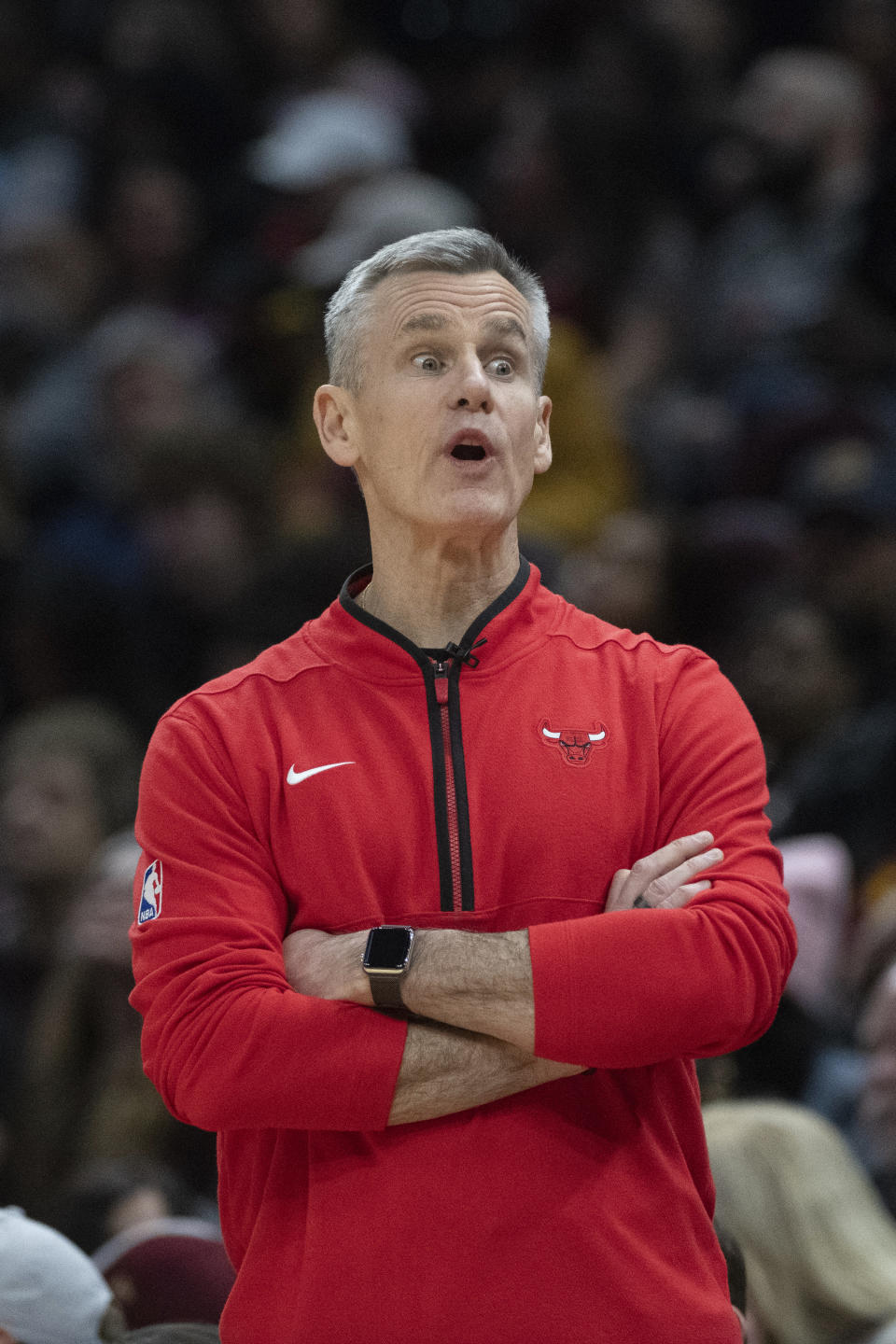 Chicago Bulls coach Billy Donovan reacts during the second half of the team's NBA basketball game against the Cleveland Cavaliers in Cleveland, Wednesday, Feb. 14, 2024. (AP Photo/Phil Long)