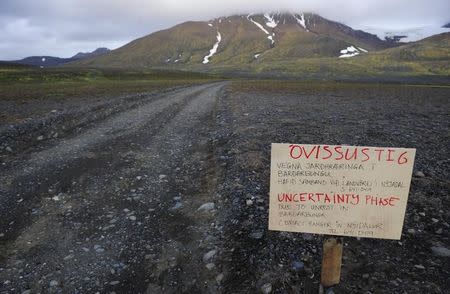 A warning sign blocks the road to Bardarbunga volcano, some 20 kilometres (12.5 miles) away, in the north-west region of the Vatnajokull glacier August 19, 2014. REUTERS/Sigtryggur Johannsson