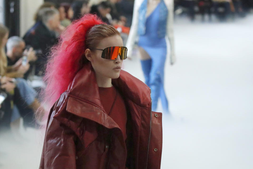 A model wears a creation for the Rick Owens fashion collection during Women's fashion week Fall/Winter 2020/21 presented in Paris, Thursday, Feb. 27, 2020. (AP Photo/Francois Mori)