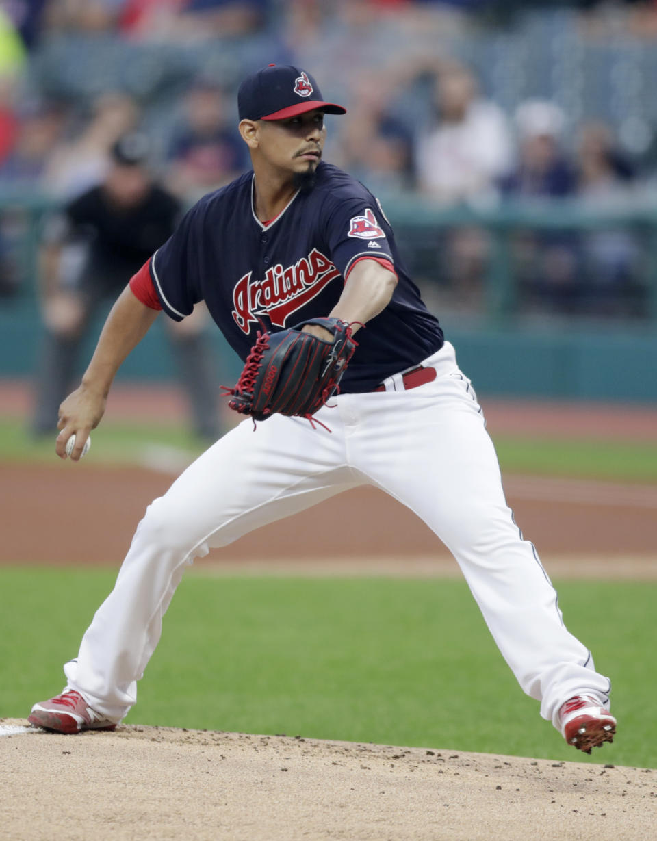 Cleveland Indians starting pitcher Carlos Carrasco delivers in the first inning of a baseball game against the Chicago White Sox, Wednesday, Sept. 19, 2018, in Cleveland. (AP Photo/Tony Dejak)