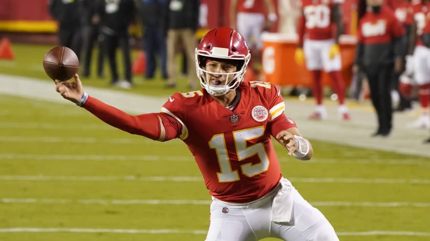 Kansas City Chiefs quarterback Patrick Mahomes plays against the Houston Texans in an NFL football game.