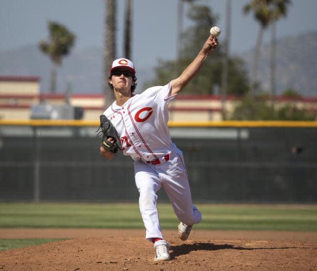 Corona starter Ethan Schiefelbein delivers a pitch against Notre Dame during a playoff game May 12, 2023.
