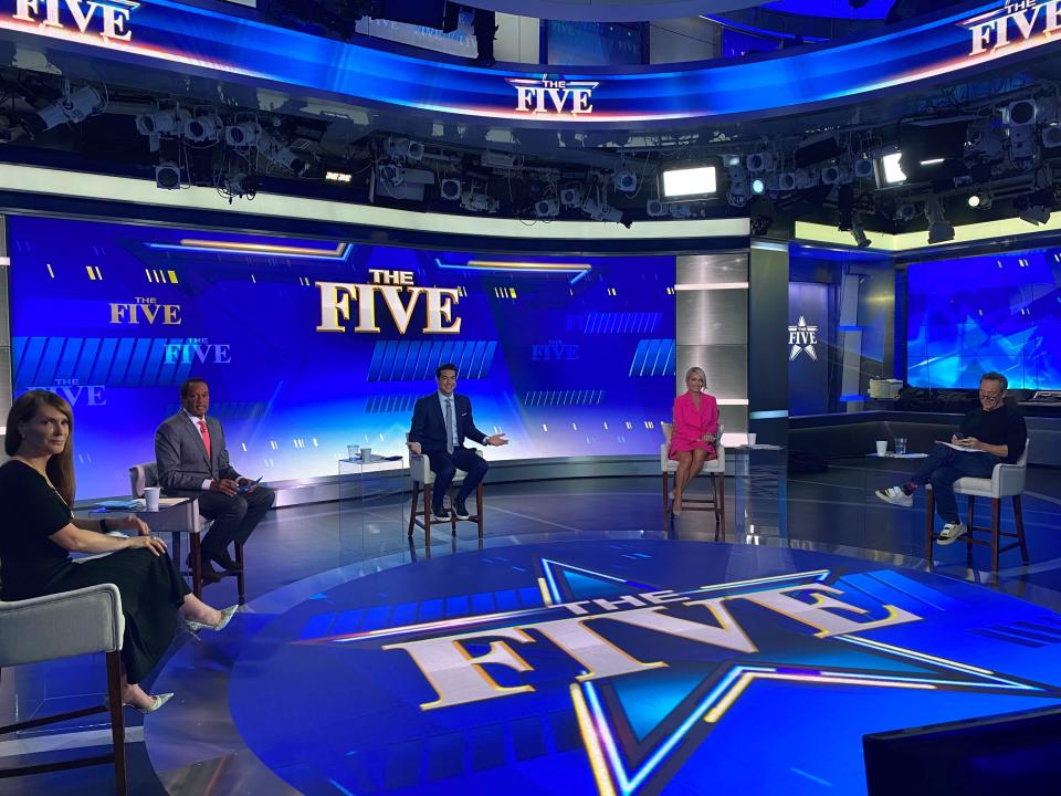 Greg Gutfeld, right, will continue to appear on Fox News Channel's 'The Five,' where he is seen in 2020 with fellow panelists Dagen McDowell, left, Juan Williams, Jesse Watters and Dana Perino.
