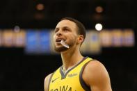 Mar 24, 2019; Oakland, CA, USA; Golden State Warriors guard Stephen Curry (30) stands on the court during a break in the action against the Detroit Pistons in the second quarter at Oracle Arena. Mandatory Credit: Cary Edmondson-USA TODAY Sports