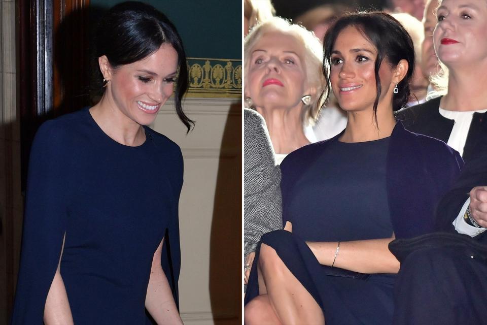 Stella McCartney designed Meghan's halter-style wedding reception dress, and the royal has turned to the designer for outfits since then! She first wore her caped dress in navy for the Queen's 92nd birthday celebrations in 2018, then wore it again for the <a href="https://people.com/royals/meghan-markle-prince-harry-invictus-games-opening-ceremony-every-photo/" rel="nofollow noopener" target="_blank" data-ylk="slk:opening ceremony of the Sydney Invictus Games;elm:context_link;itc:0;sec:content-canvas" class="link ">opening ceremony of the Sydney Invictus Games</a>.