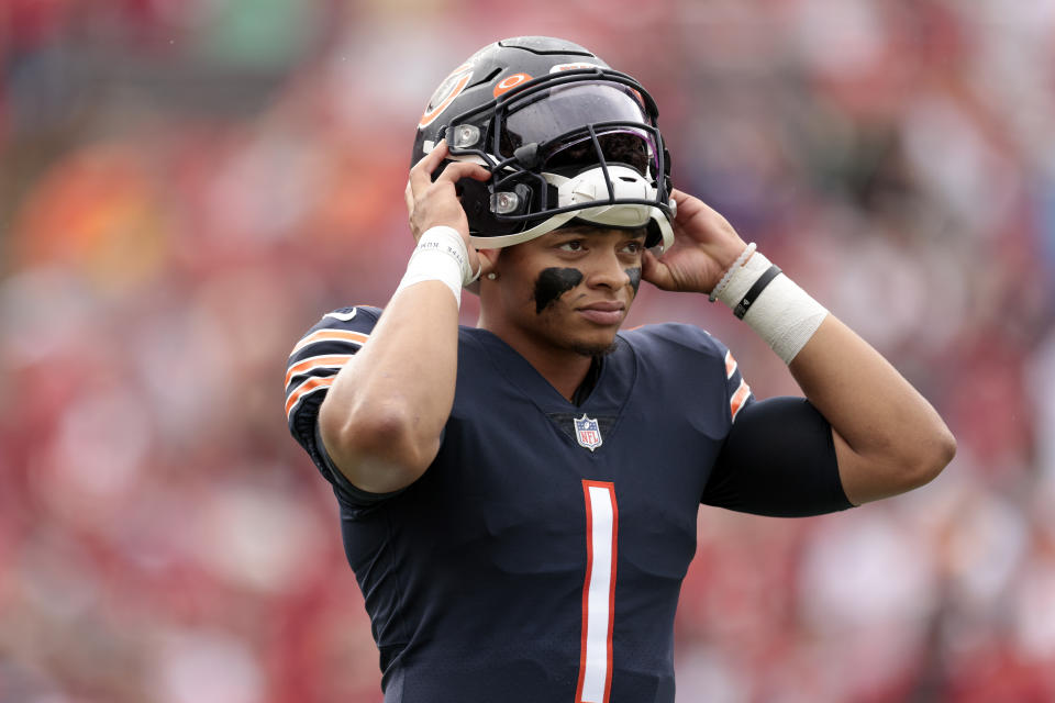 TAMPA, FLORIDA - OCTOBER 24: Justin Fields #1 of the Chicago Bears looks on prior to the game against the Tampa Bay Buccaneers at Raymond James Stadium on October 24, 2021 in Tampa, Florida. (Photo by Douglas P. DeFelice/Getty Images)