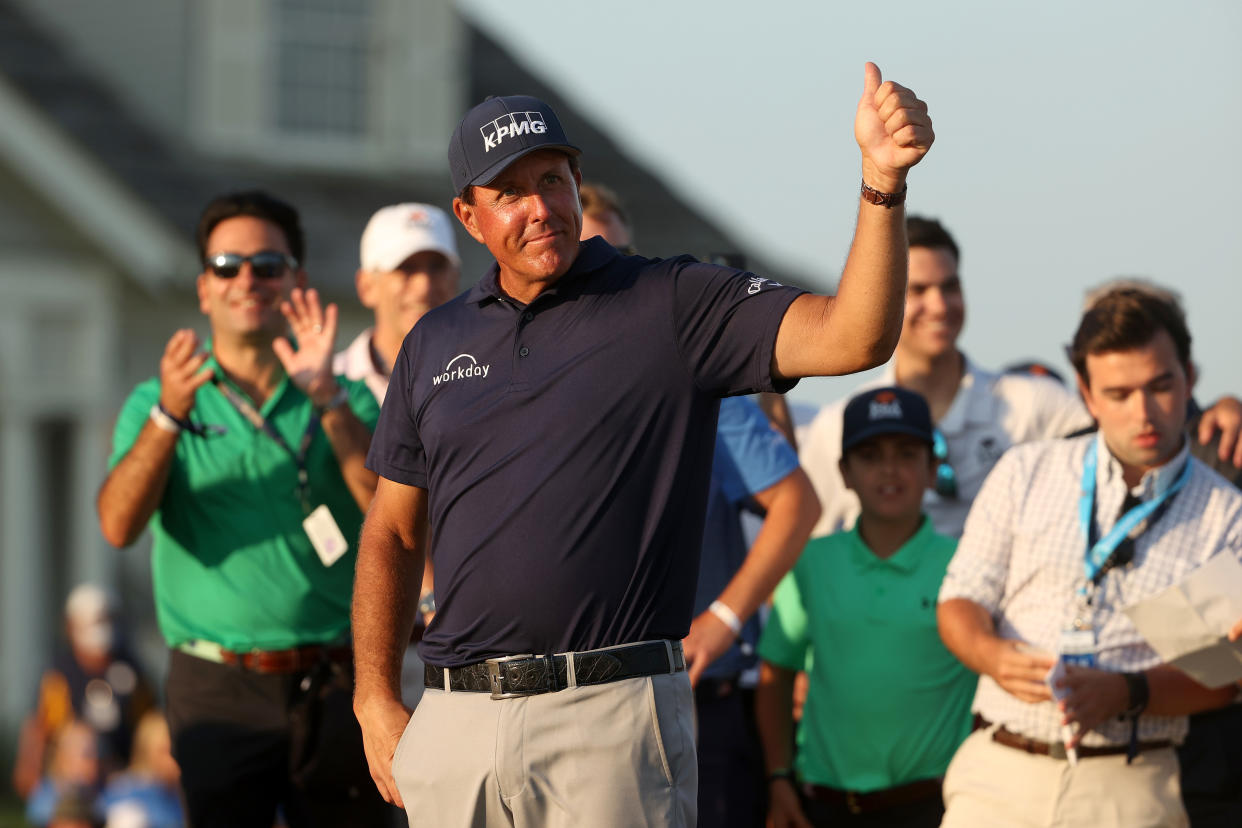 KIAWAH ISLAND, SOUTH CAROLINA - MAY 23: Phil Mickelson of the United States gives a thumbs up during the Wanamaker Trophy presentation ceremony after winning the final round of the 2021 PGA Championship held at the Ocean Course of Kiawah Island Golf Resort on May 23, 2021 in Kiawah Island, South Carolina. (Photo by Patrick Smith/Getty Images)