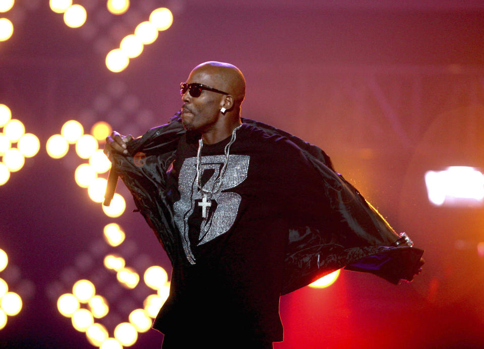 FILE- DMX performs during the BET Hip Hop Awards in Atlanta on Oct. 1, 2011. The family of rapper DMX says he has died at age 50 after a career in which he delivered iconic hip-hop songs such as “Ruff Ryders’ Anthem." A statement from the family says the Grammy-nominated rapper died at a hospital in White Plains, New York, "with his family by his side after being placed on life support for the past few days. He was rushed to a New York hospital from his home April 2. (AP Photo/David Goldman, File)