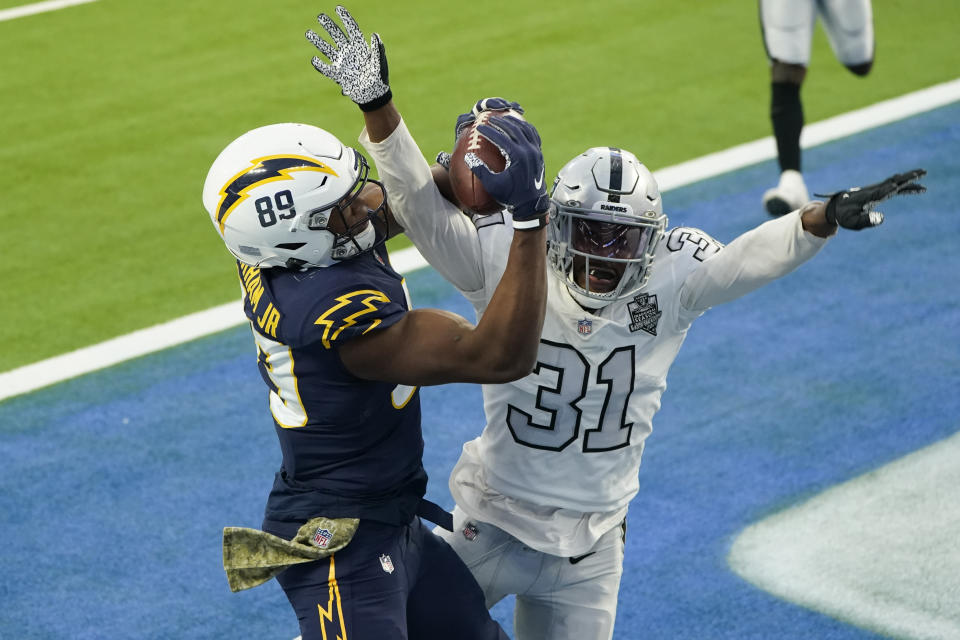 Los Angeles Chargers tight end Donald Parham cannot make the catch in the end zone as Las Vegas Raiders cornerback Isaiah Johnson defends during the second half of an NFL football game Sunday, Nov. 8, 2020, in Inglewood, Calif. (AP Photo/Alex Gallardo)