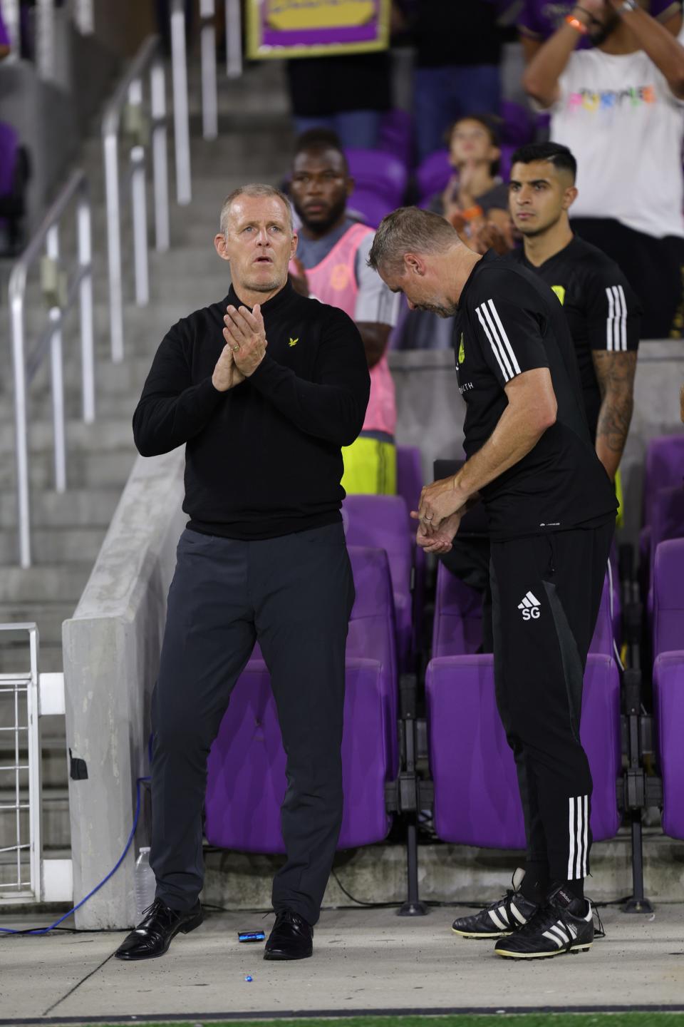 Oct 30, 2023; Orlando, Florida, USA; Nashville SC head coach Gary Smith before the match against the Orlando City of game one in a round one match of the 2023 MLS Cup Playoffs at Exploria Stadium. Mandatory Credit: Nathan Ray Seebeck-USA TODAY Sports
