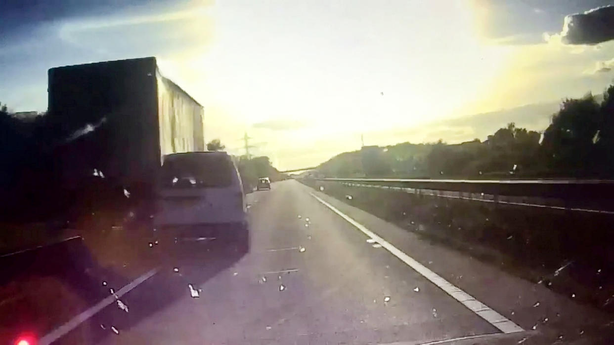 <em>Shocking – footage captured the van veering into a lorry on the A14 (Picture: SWNS)</em>