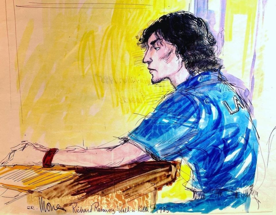 Richard Ramirez, known as the Night Stalker, during his preliminary hearing in Los Angeles County Superior Court in 1985. 