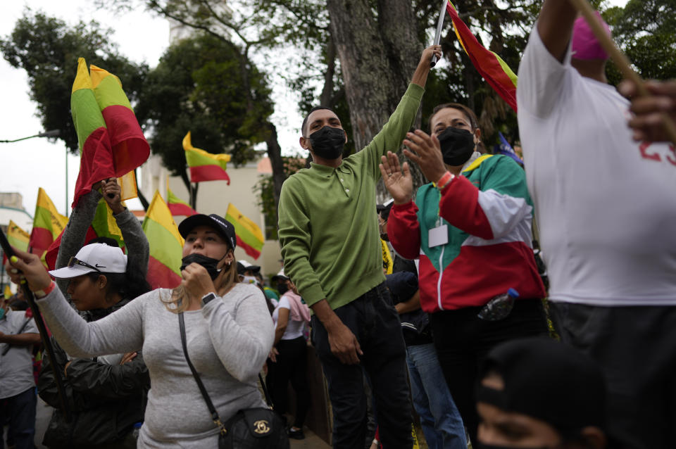 Members of the opposition gather to mark Youth Day in Caracas, Venezuela, Saturday, Feb. 12, 2022. The annual holiday commemorates youths who accompanied heroes in the battle for Venezuela's independence. (AP Photo/Ariana Cubillos)