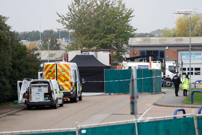 The scene where bodies were discovered in a lorry container, in Grays, Essex