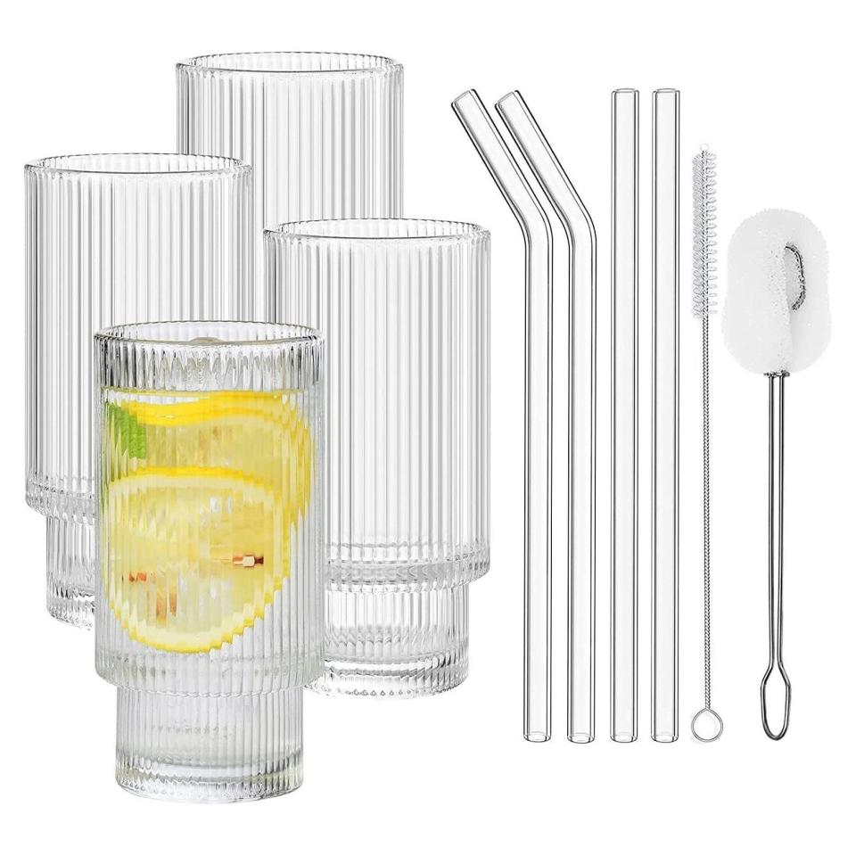 Ribbed Glassware Drinking Glasses with Straws Set of 4