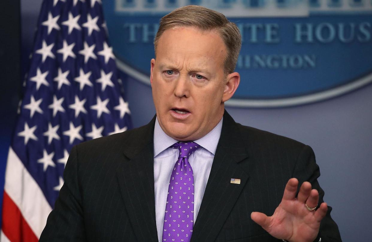 Sean Spicer, pictured at yesterday's press briefing, said Donald Trump had every right to stick up for his family: Mark Wilson/Getty
