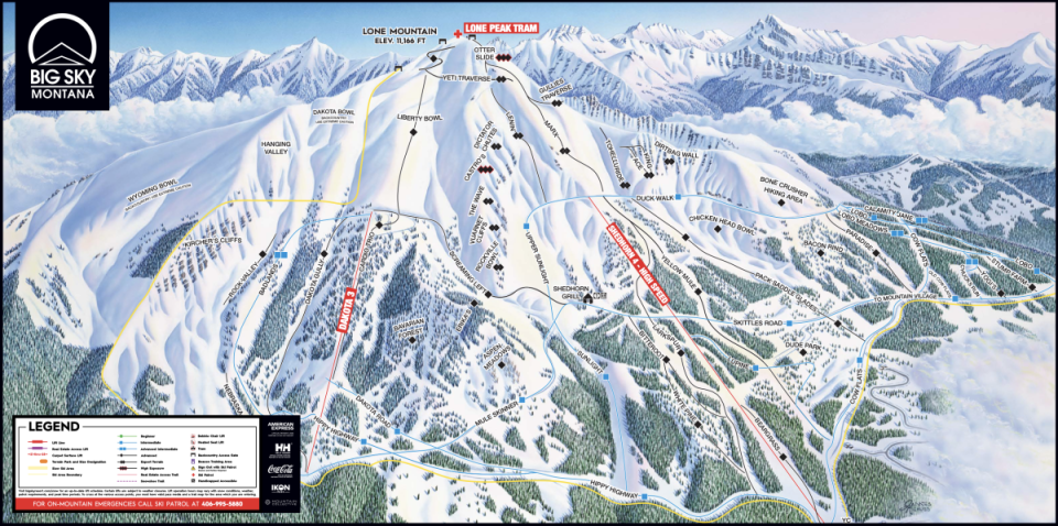 Map of Big Sky's south-side terrain. Shedhorn is pictured on the right side.<p>Big Sky Resort</p>