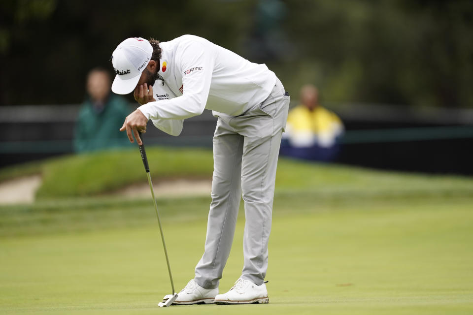 Max Homa reacts after missing a birdie putt on the sixth green of the Silverado Resort North Course during the final round of the Fortinet Championship PGA golf tournament in Napa, Calif., Sunday, Sept. 18, 2022. (AP Photo/Eric Risberg)