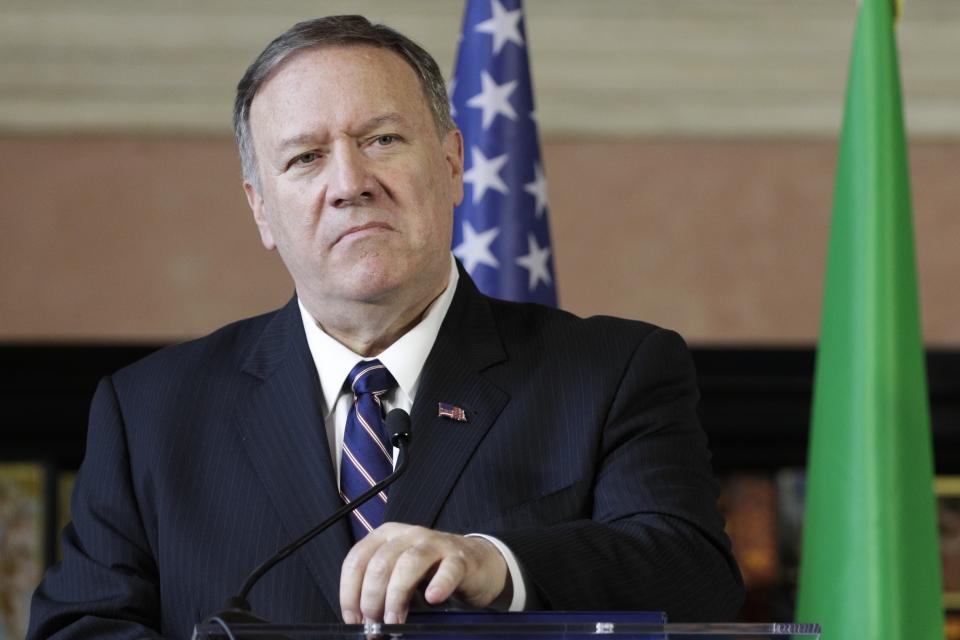 U.S. Secretary of State Mike Pompeo meets the media in Rome, Wednesday, Oct. 2, 2019. U.S. Secretary of State Mike Pompeo is in Italy at the start of a four-nation tour of Europe as the push to impeach President Donald Trump gains steam at home. (AP Photo/Andrew Medichini)
