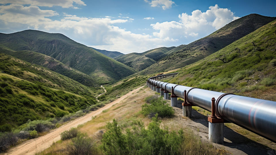 A pipeline snaking its way through the hills and valleys of the Delaware Basin.